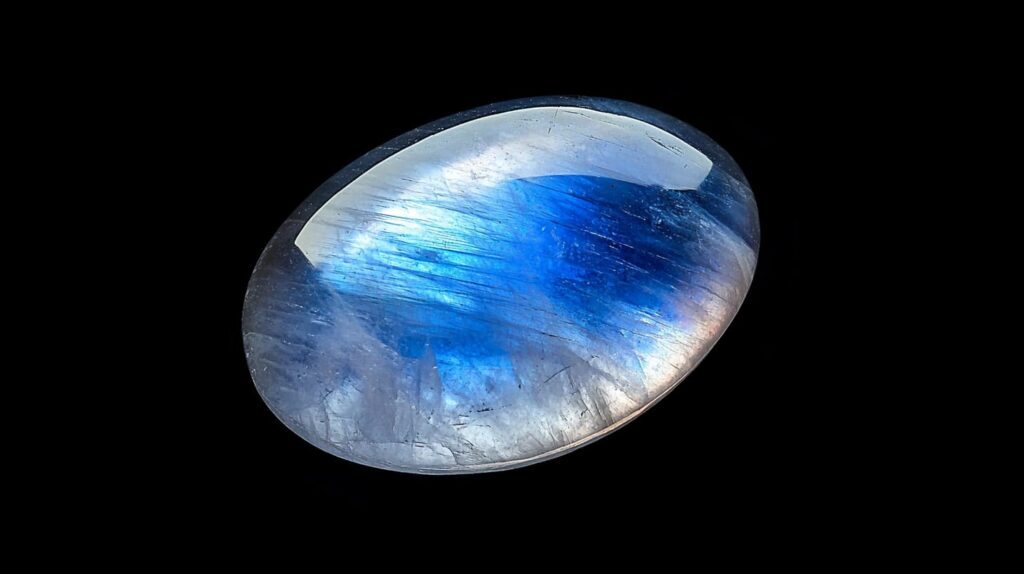 A close-up of a blue moonstone semi-precious gemstone, showcasing its glowing adularescence with a soft blue sheen on its polished surface.
