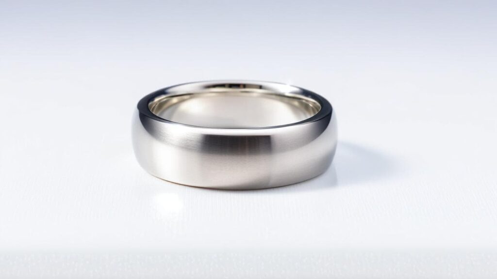 A silver-toned ring that may contain nickel, a common allergenic metal that can cause skin irritation, rashes, and long-term sensitivity.