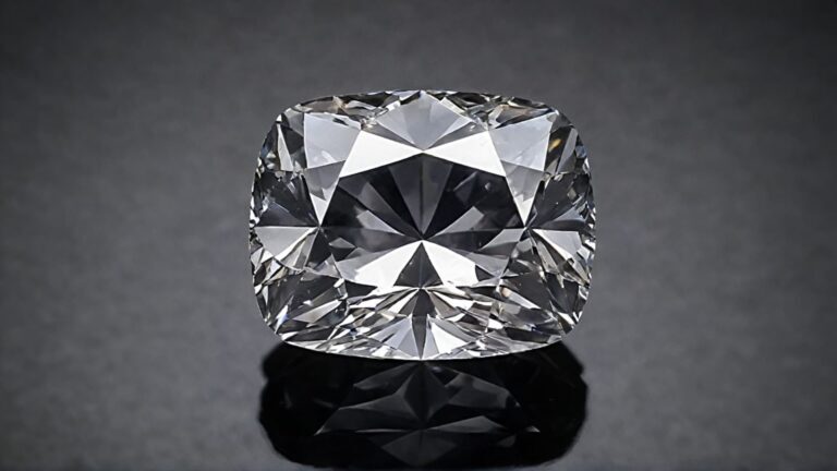 A close-up of an Old Mine Cut diamond with a cushion-shaped outline and large facets, showcasing its vintage charm and brilliance.