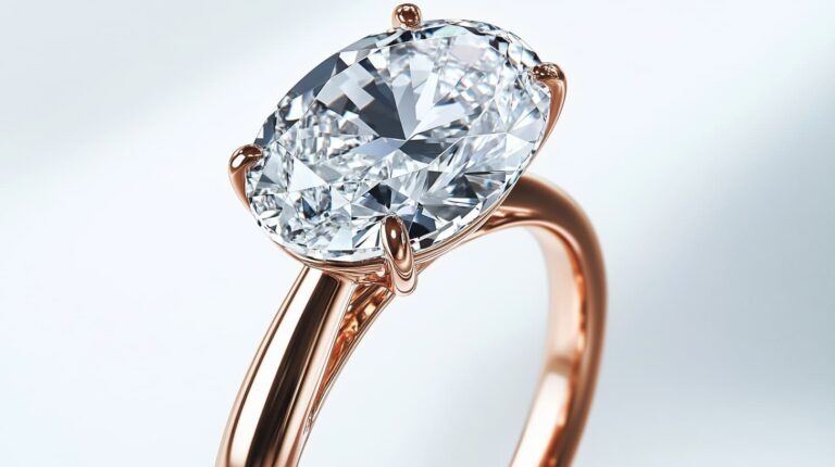 A stunning oval-cut diamond engagement ring set in a rose gold prong setting, showcasing its brilliance and elegance.