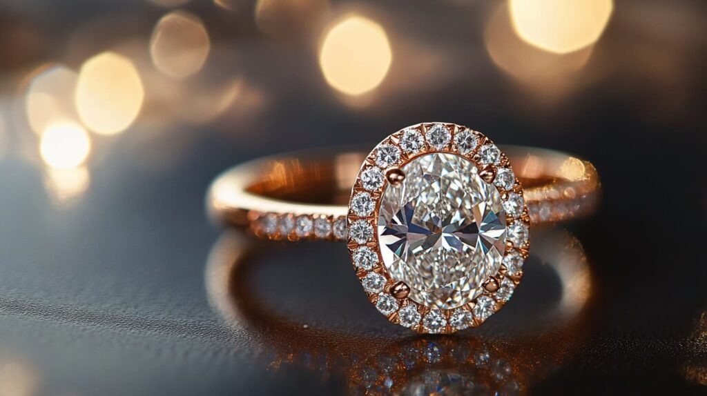 Luxurious oval-cut diamond halo engagement ring in rose gold, adorned with a sparkling diamond halo and pavé band for a glamorous look.
