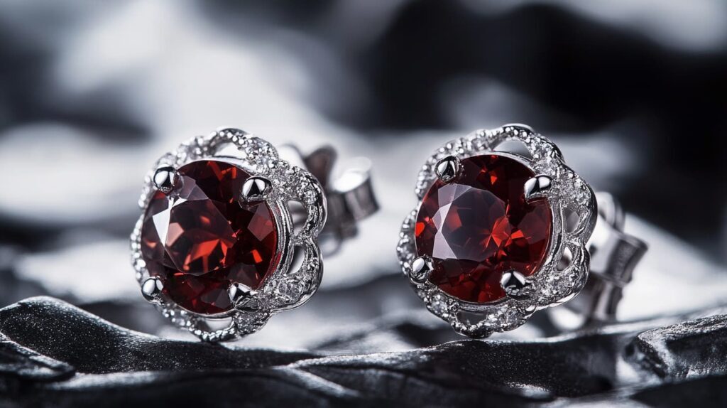 A pair of exquisite Painite gemstone earrings set in silver with a diamond halo, showcasing the deep red hue of the rare mineral.