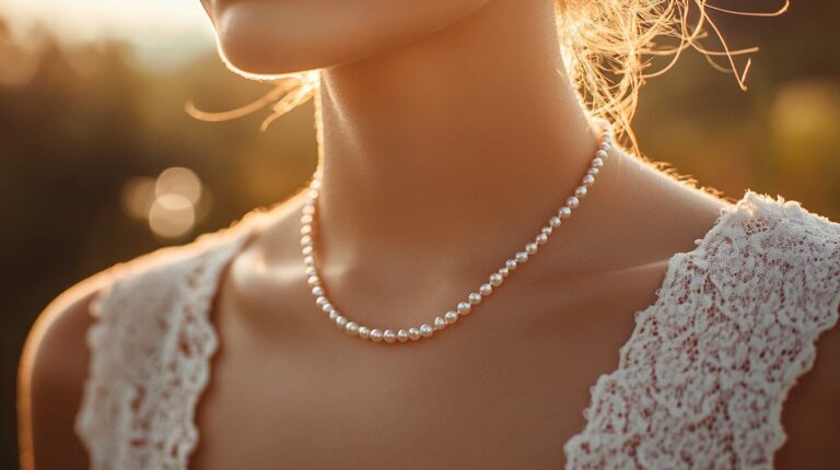 Close-up of a woman wearing a pearl necklace in sunlight, highlighting the risk of UV damage that can cause pearls to lose luster and become brittle.