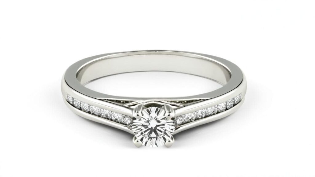 Platinum engagement ring with diamonds, a premium hypoallergenic metal that resists tarnish and is ideal for sensitive skin.