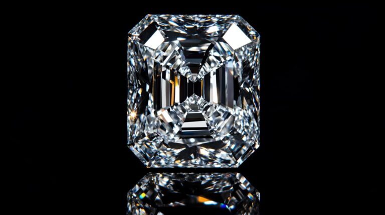 Front-facing radiant cut diamond on a black background, emphasizing its brilliant faceting and clarity.