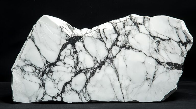 A large raw Howlite mineral specimen with striking black veining, displayed against a dark background.