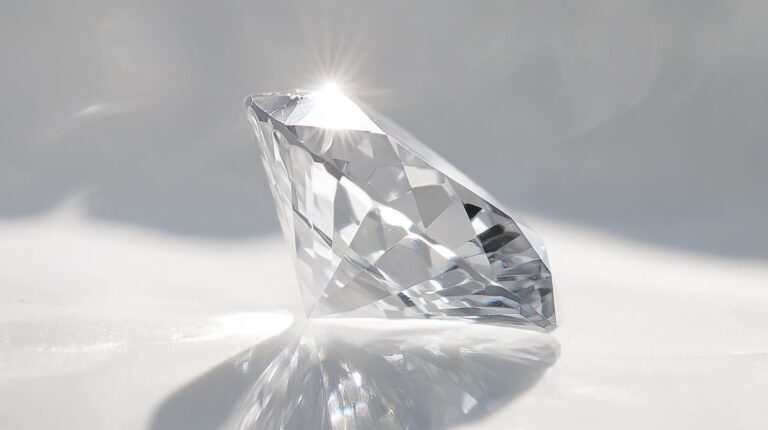 A loose Round Brilliant cut diamond reflecting light, showcasing its precise facets and superior brilliance on a white surface.