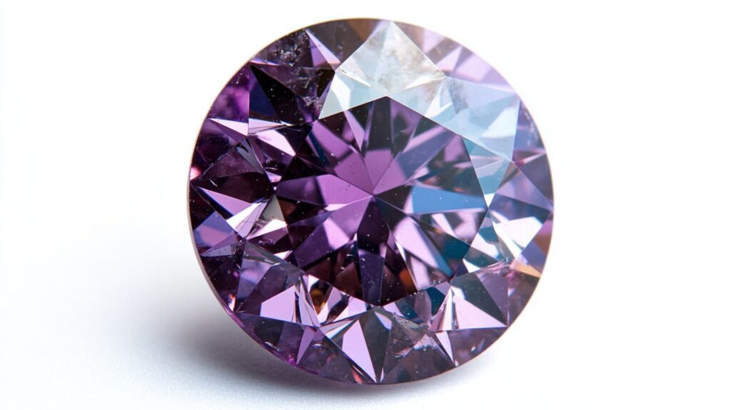 Close-up view of a round-cut natural purple diamond with intricate facets reflecting light on a white background.