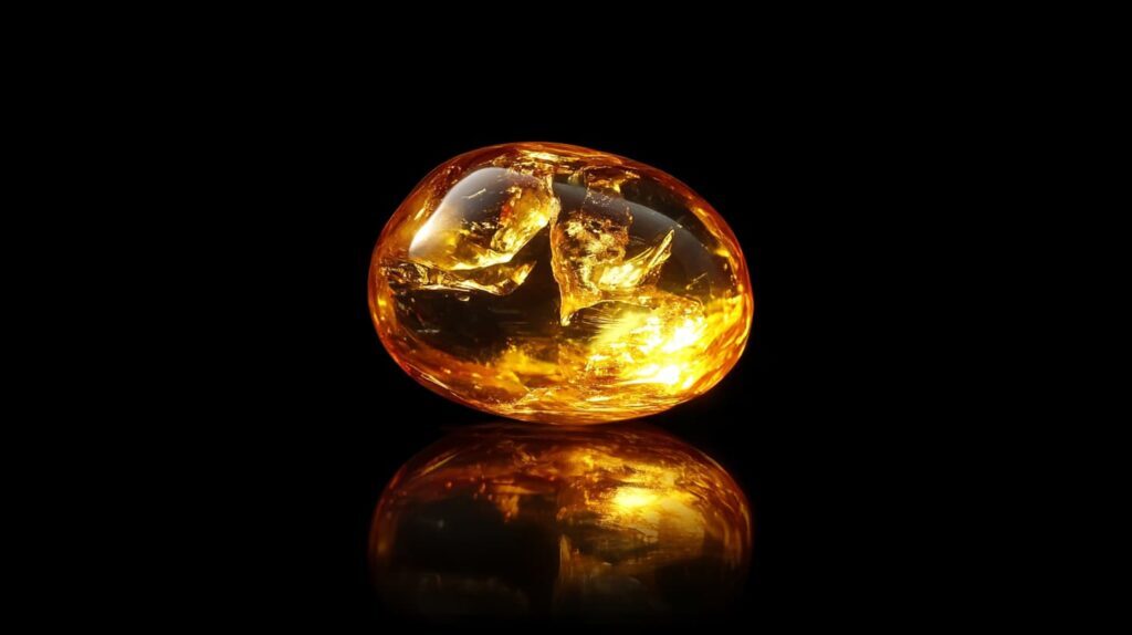 A soft and porous amber gemstone with a warm golden hue, showcasing its organic inclusions and delicate structure, set against a reflective black background.