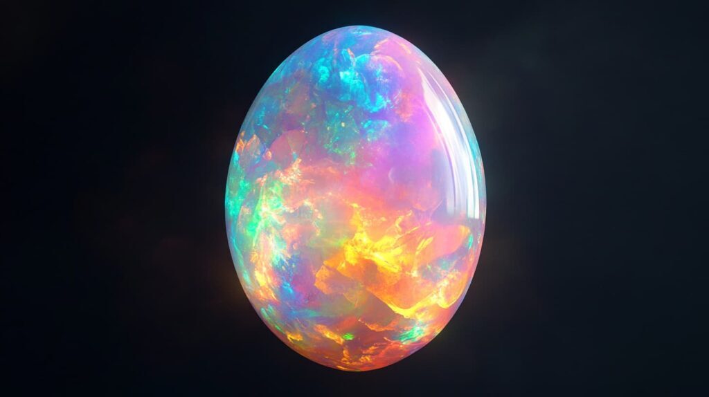 A soft and porous opal gemstone displaying an intense play of color with fiery blue, orange, and yellow hues, emphasizing its delicate nature against a dark background.