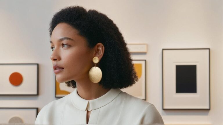 A stylish woman wearing large gold earrings in an art gallery, showcasing artistic jewelry for a first date.