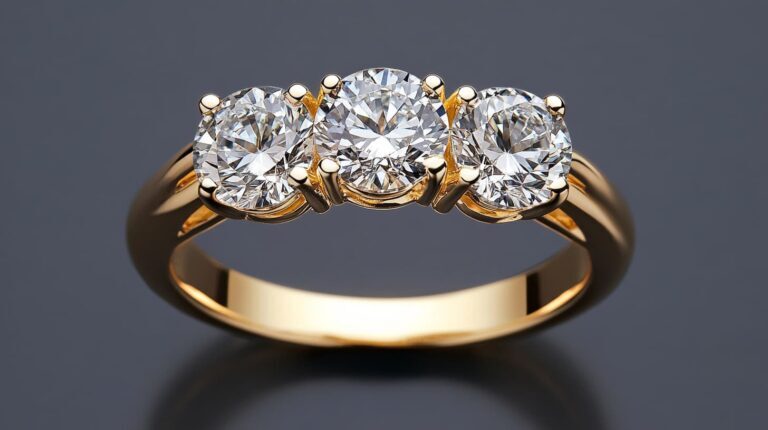 A stunning three-stone diamond ring featuring a round-cut center stone with two matching side diamonds set in a polished yellow gold band.