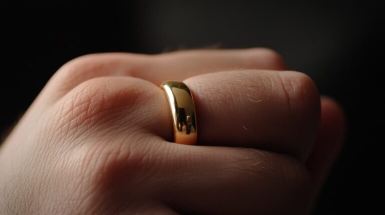 Close-up of a swollen finger wearing a gold ring that appears too tight, causing skin indentation.