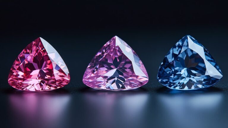 Three trillion-cut gemstones in red, pink, and blue, representing ruby, pink sapphire, and blue sapphire, displayed on a dark reflective surface.