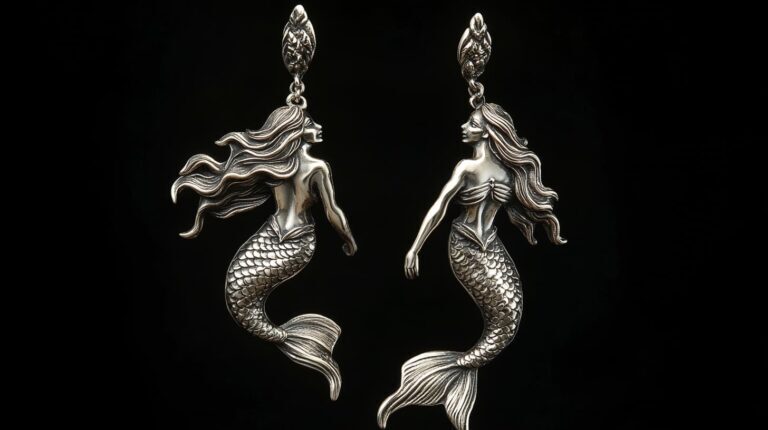 A pair of vintage-style silver mermaid dangle earrings featuring flowing hair and detailed fish tails, set against a dark background.