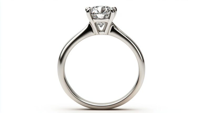 Side view of a white gold engagement ring with a classic basket setting, showcasing prong structure and gemstone elevation.
