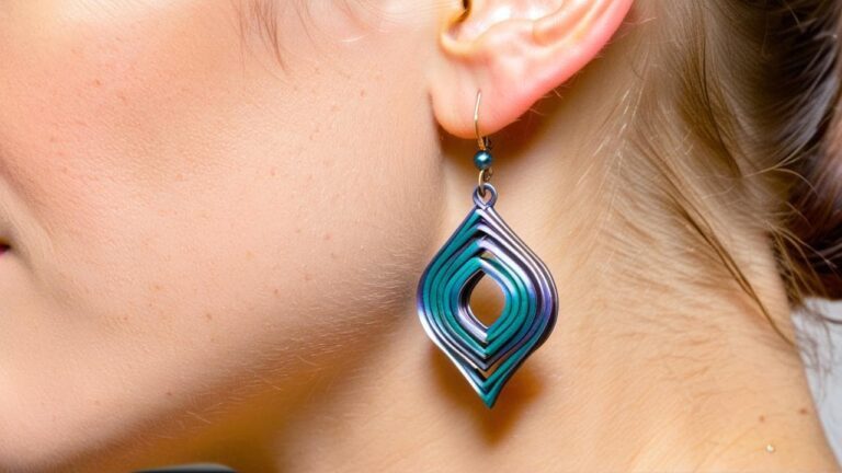 A woman wearing a bold, geometric anodized niobium earring with blue and purple tones, demonstrating the metal’s hypoallergenic and artistic appeal.