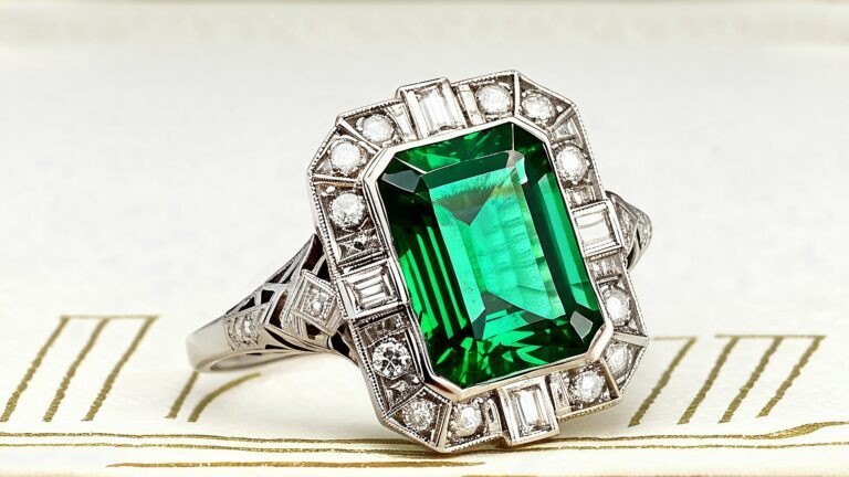 Art Deco emerald and diamond ring set in platinum with geometric detailing and milgrain accents.