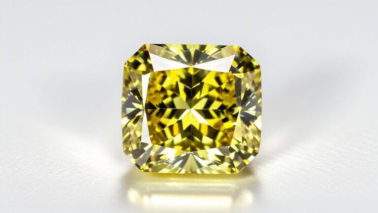 Cushion-cut yellow diamond gemstone with high clarity and brilliance, showcased on a white background.