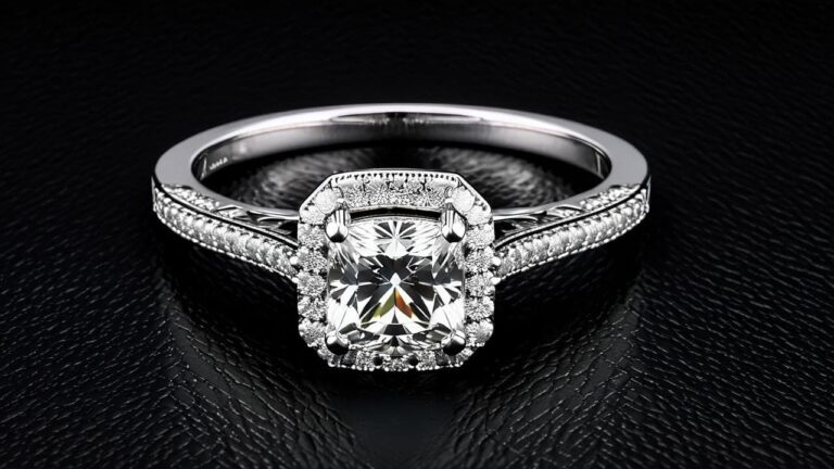 A vintage-inspired diamond engagement ring featuring a cushion-cut center stone with a diamond halo and intricate detailing.