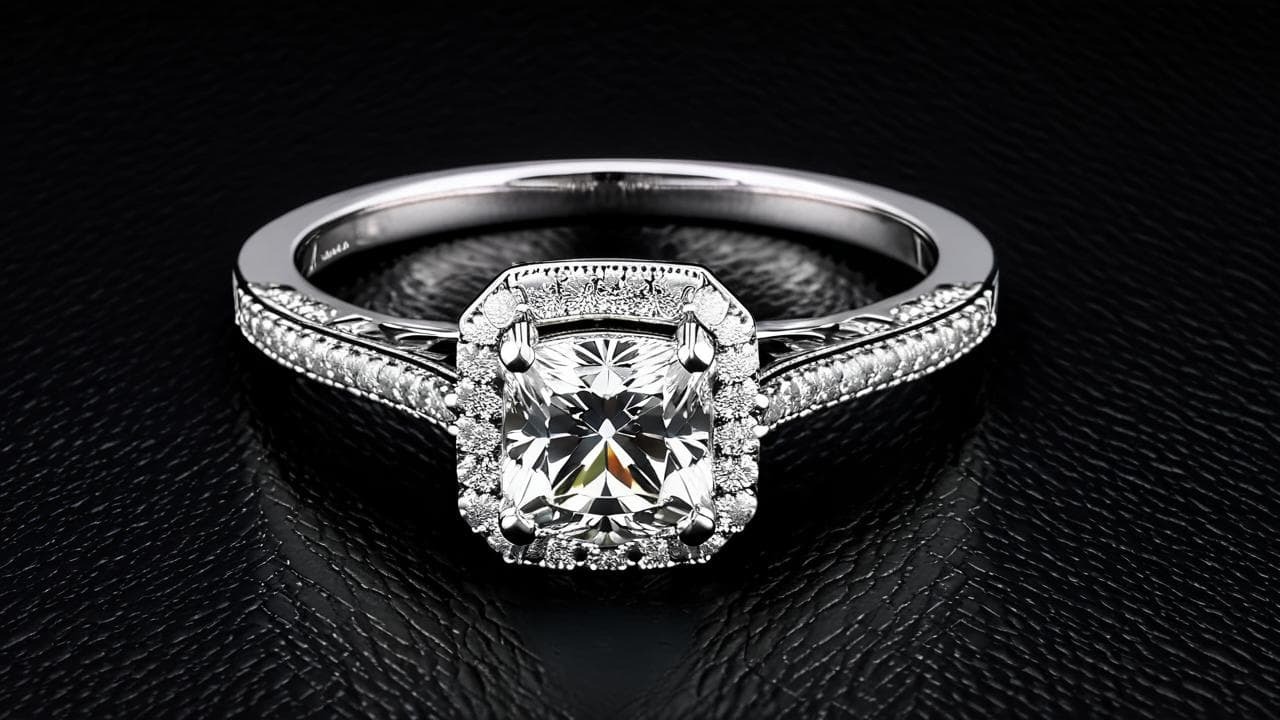 A vintage-inspired diamond engagement ring featuring a cushion-cut center stone with a diamond halo and intricate detailing.