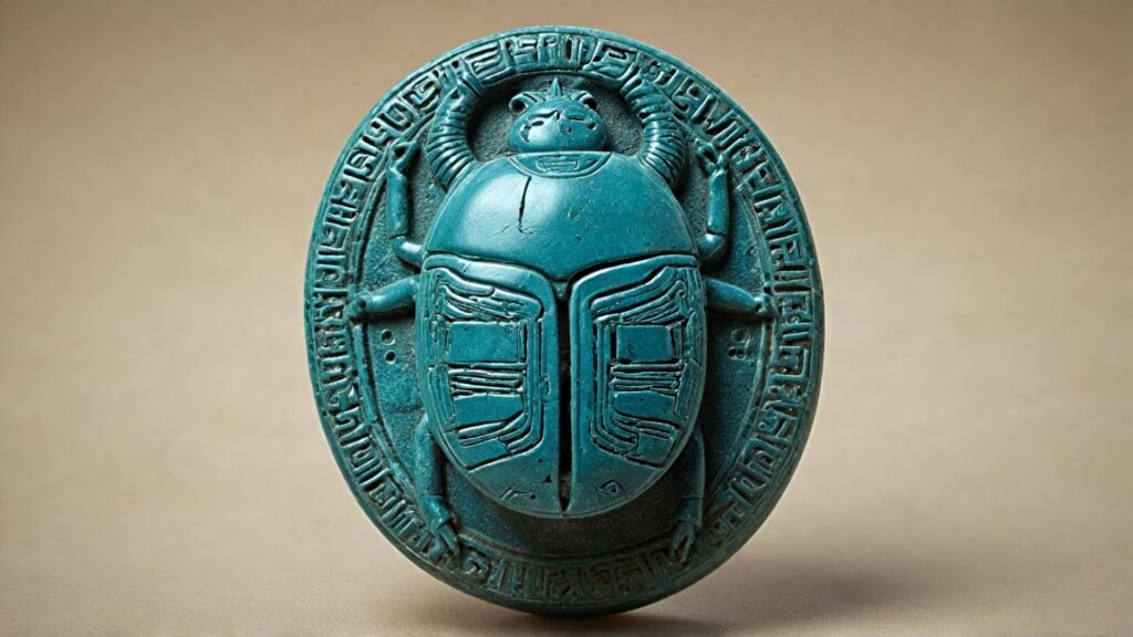 Ancient Egyptian faience scarab amulet in blue-green glaze, engraved with intricate hieroglyphs, symbolizing protection and rebirth in Egyptian culture.