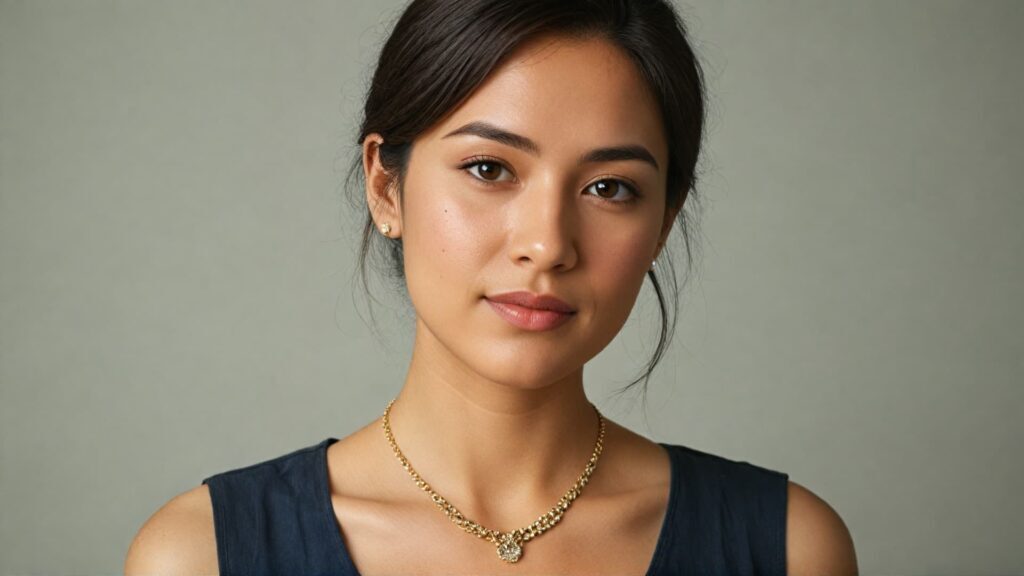 Portrait of a woman wearing a sophisticated gold necklace and matching stud earrings, complementing her navy blue outfit with a classic jewelry style.