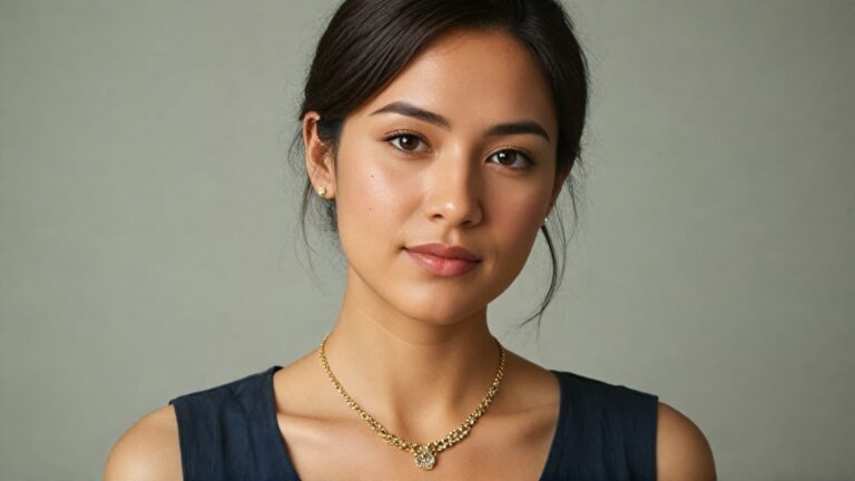 Portrait of a woman wearing a sophisticated gold necklace and matching stud earrings, complementing her navy blue outfit with a classic jewelry style.