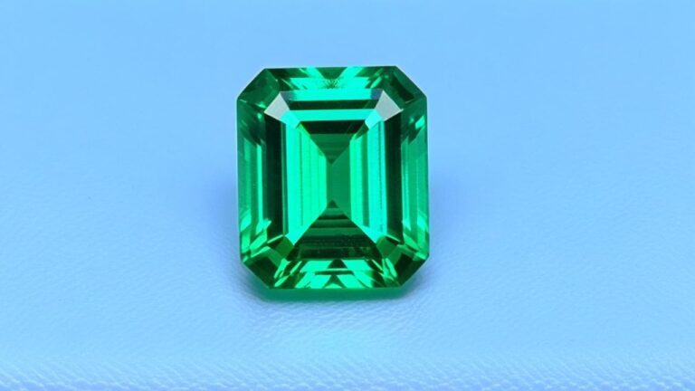 A vibrant emerald-cut green gemstone, a popular choice for collectors, displayed on a light blue background. Emeralds are prized for their rich color and rarity in gemstone collections.
