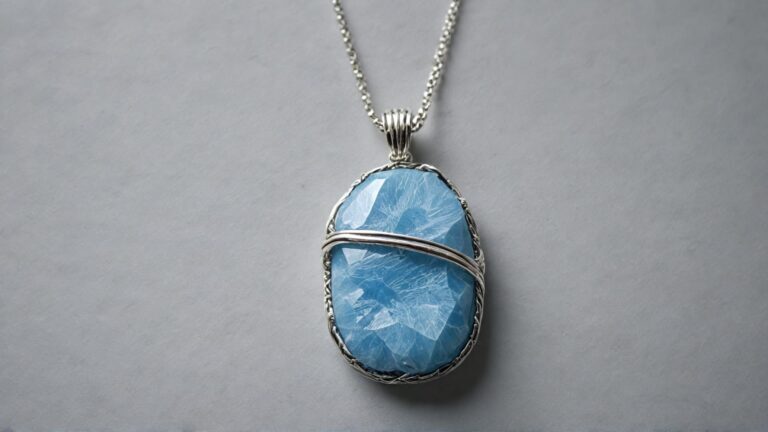 A faceted blue calcite pendant wrapped in silver wire on a silver chain, displayed against a gray background.