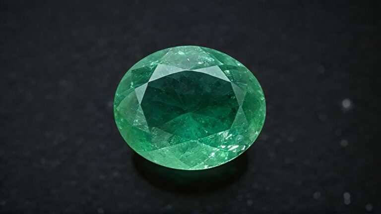 Sparkling faceted green aventurine gemstone with natural inclusions, displayed against a black background.
