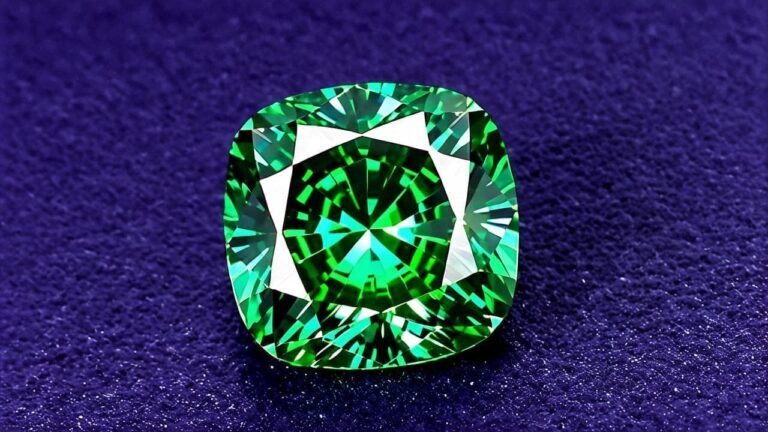 Cushion-cut fancy green diamond showcasing vivid brilliance and intricate faceting on a deep blue background