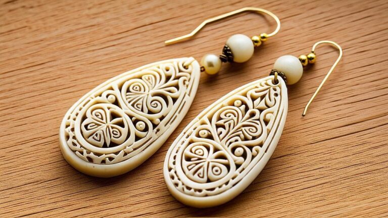 Intricately carved bone earrings with floral and swirl motifs, accented by natural beads and gold hooks