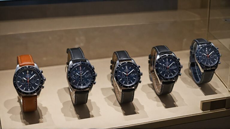 A showcase of five German chronograph watches with black dials, stainless steel cases, and leather straps, elegantly presented in a glass display.