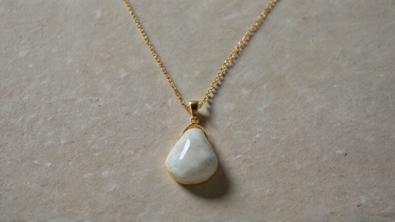 A gold-framed dolomite pendant necklace with a teardrop-shaped natural stone, displayed on a textured neutral surface.