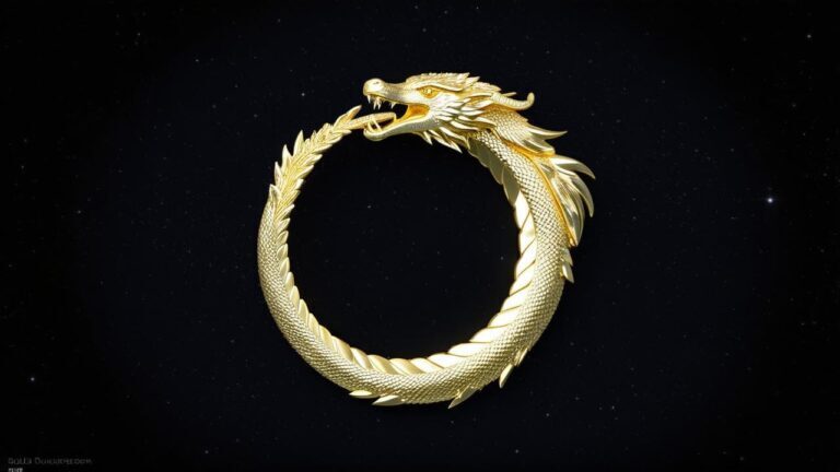 A gold Ouroboros dragon forming a perfect circle, intricately detailed with scales and sharp features, floating against a cosmic starry background, symbolizing infinity and cosmic cycles.