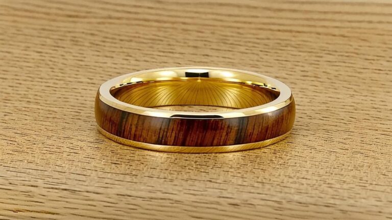 Gold ring with wood inlay on a wooden surface, showcasing a design that cannot be resized without damaging the inlay