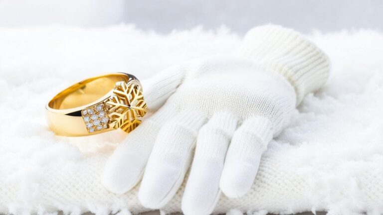 A gold ring with a snowflake design resting on a white knitted glove in the snow, emphasizing winter jewelry protection tips.