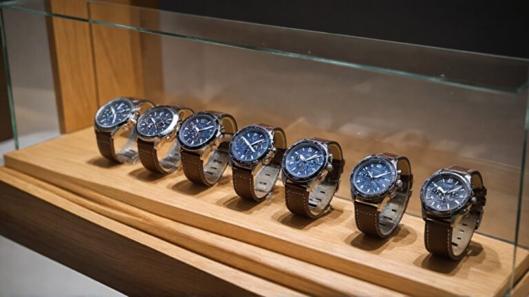 A collection of Italian luxury watches with blue dials and brown leather straps displayed on a wooden stand inside a glass case.