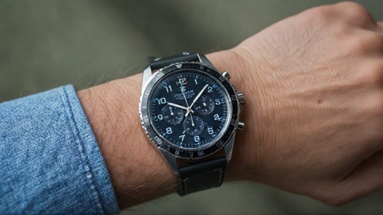 A close-up of a person's left wrist wearing a chronograph watch with a black leather strap, illustrating the traditional practice of wearing a watch on the non-dominant hand.