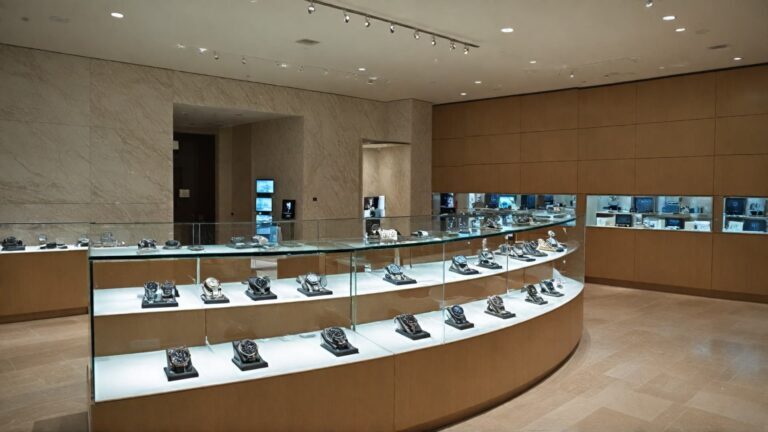 Luxury watch boutique showcasing an elegant display of high-end timepieces in a well-lit, modern retail setting.