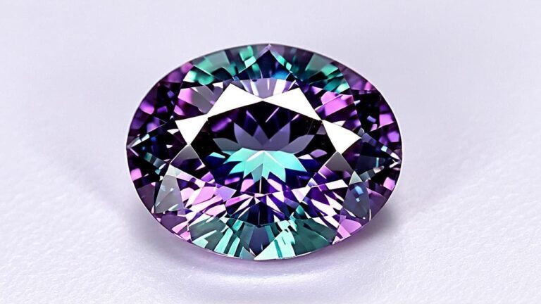 Faceted natural alexandrite gemstone displaying vivid color change from green to purple under different lighting