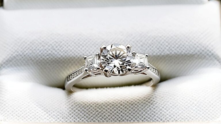 A white gold three-stone diamond engagement ring in a jewelry box, representing the importance of professional jewelry inspections for authenticity and condition assessment.