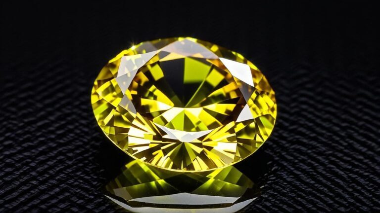 A close-up of a round faceted yellow chrysoberyl gemstone reflecting light with excellent brilliance, placed on a dark textured background.