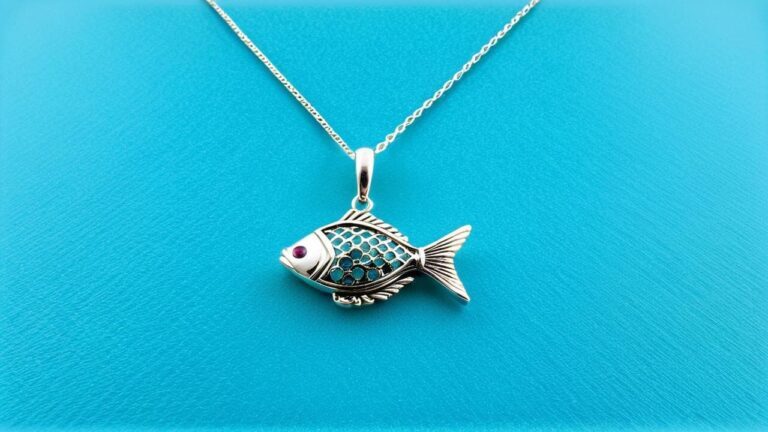 A silver fish pendant with blue enamel scales and a small gemstone eye, displayed on a turquoise background.