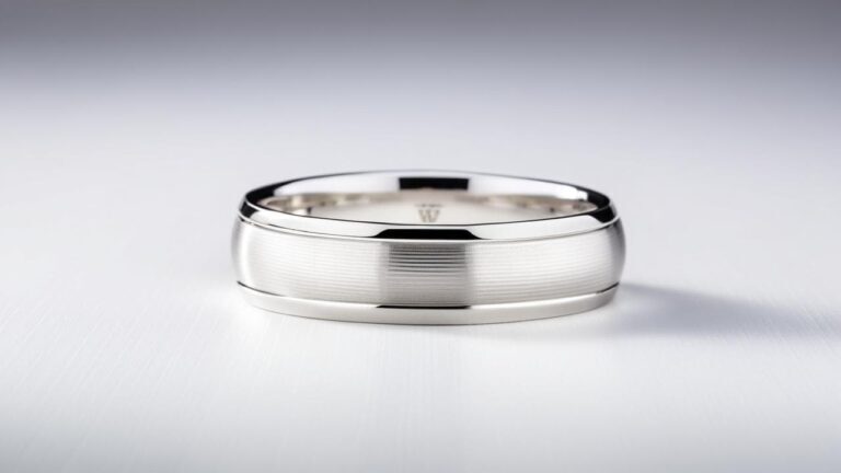 A modern conflict-free palladium wedding band with a textured center, crafted from ethically sourced precious metals.