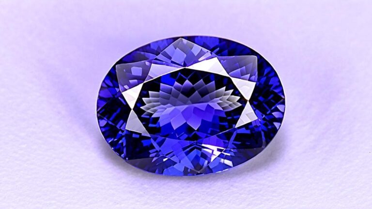 Oval-cut tanzanite gemstone showing pleochroic blue and violet hues under consistent lighting
