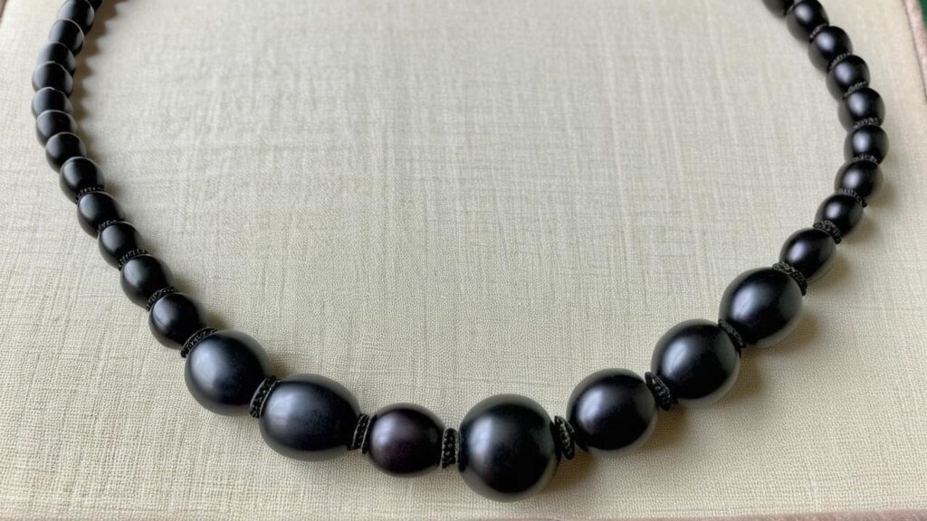 Victorian gutta percha beaded necklace with graduated black beads, a historically significant mourning jewelry piece from the 19th century.