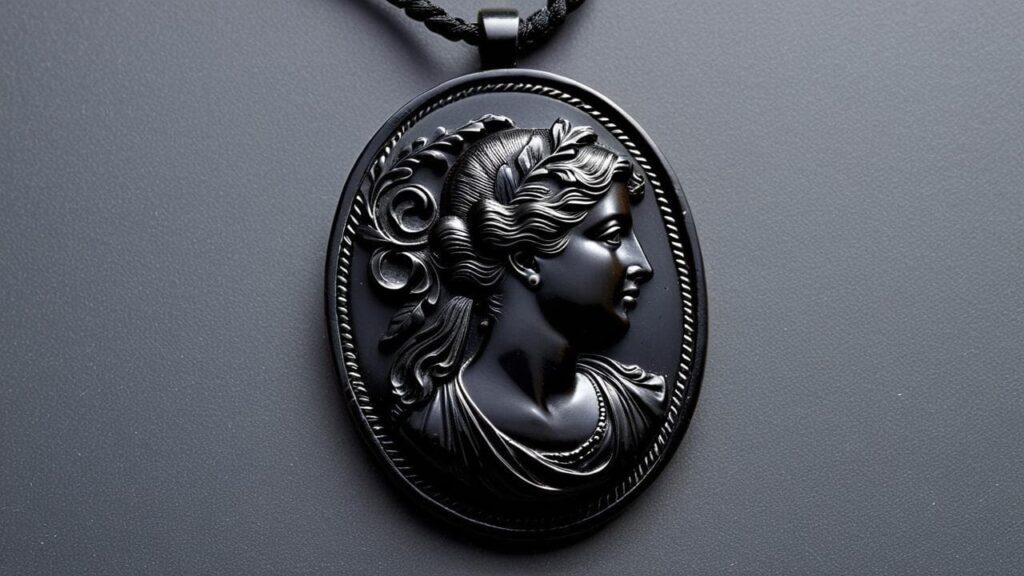Victorian gutta percha cameo pendant featuring an intricately carved woman's profile, showcasing the elegance of 19th-century mourning jewelry.