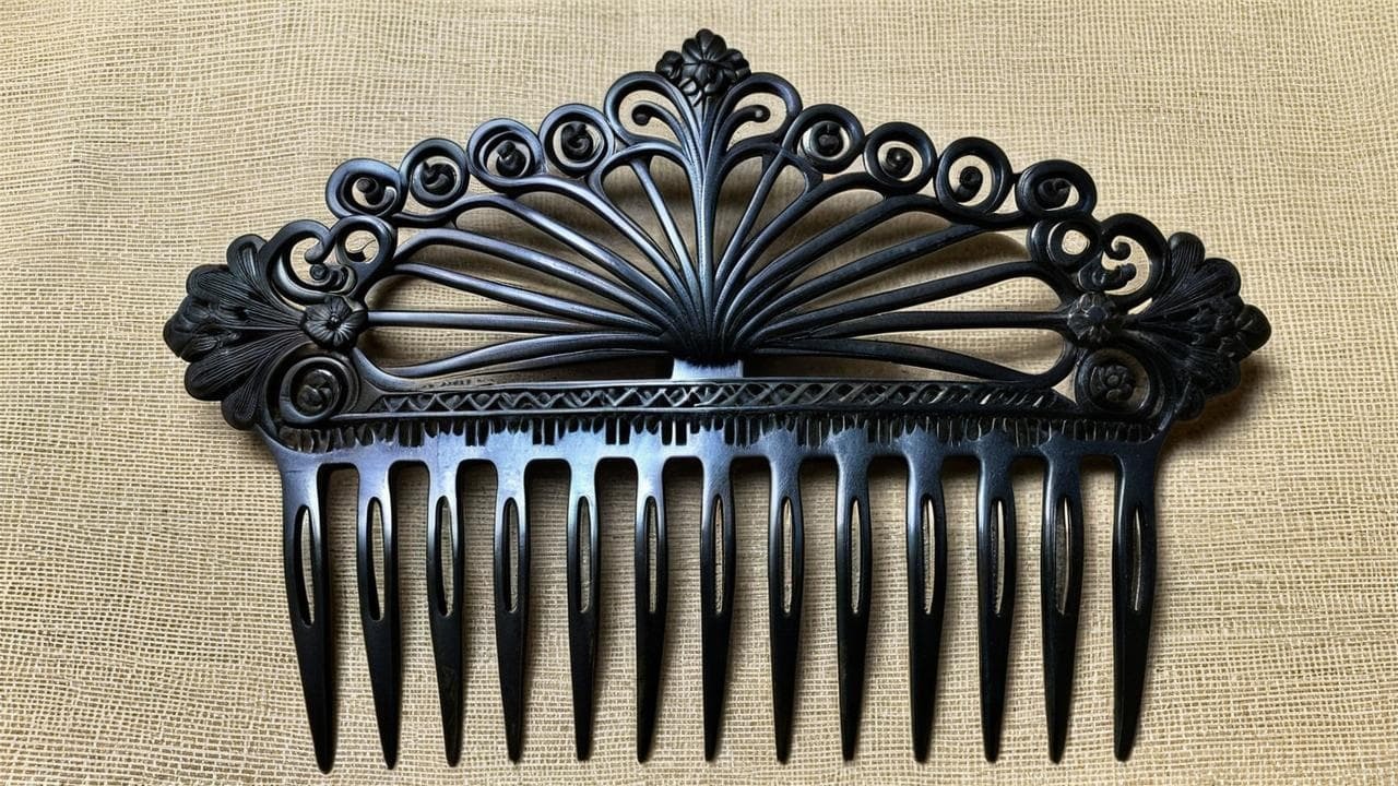 Antique Victorian gutta percha hair comb with intricate filigree and floral carvings, a popular mourning jewelry accessory from the 19th century.